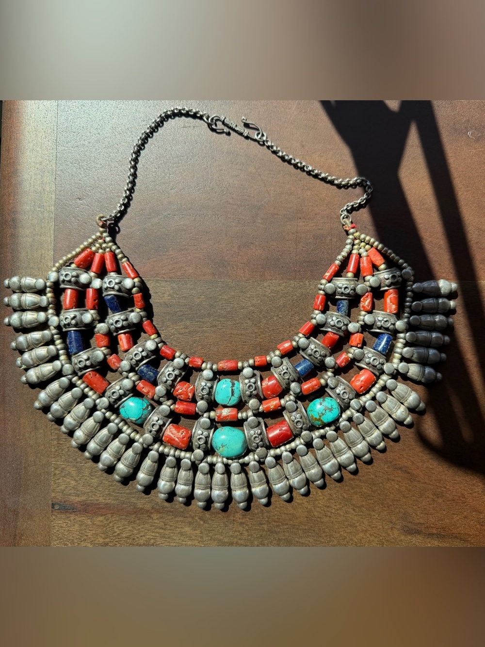 Vintage Tibetan Handcrafted Turquoise, Coral & Lapis Statement Bib Necklace